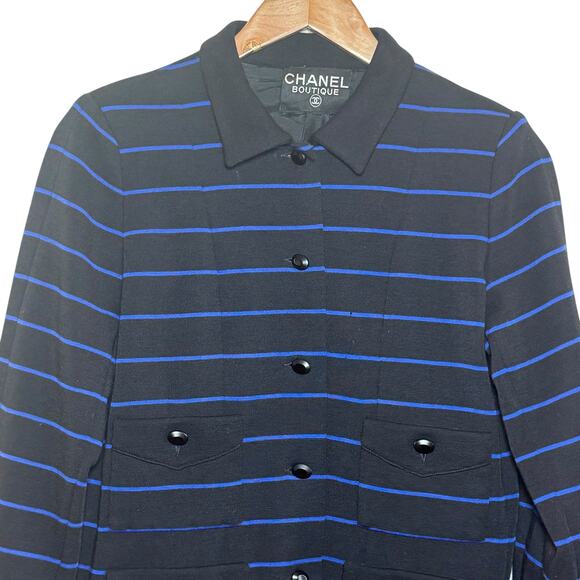1990's Chanel Boutique Wool Black Blue Striped Jacket Skirt Set Lion Head Button - Picture 4 of 13